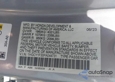 2023 Honda Accord Ex из США, поврежденный, VIN 1HGCY1F30PA044731